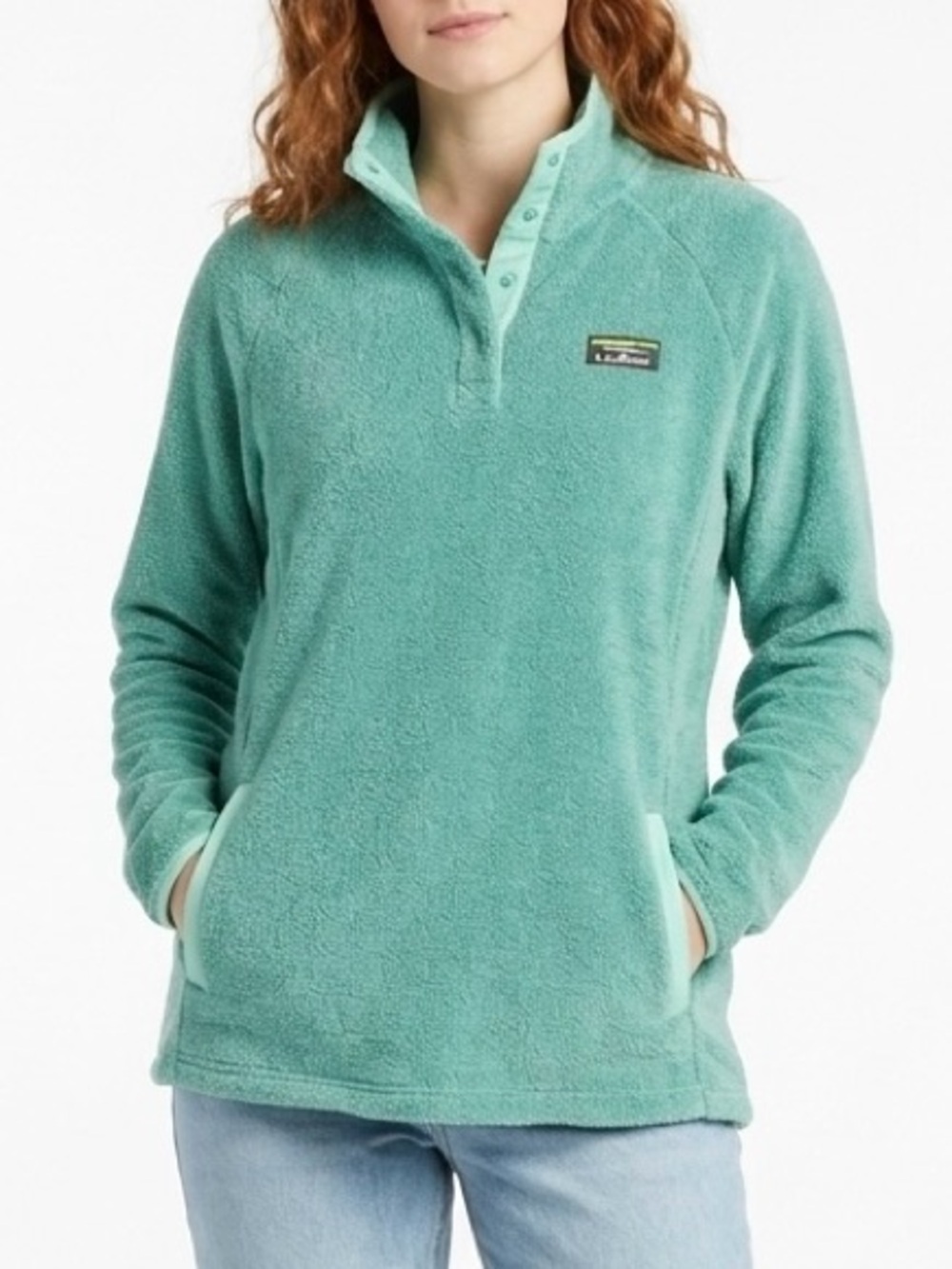 L.L. Bean Mint Green Cozy Plush Fleece Snap-Neck Pullover Elevated Casual L